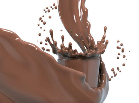 Splashes and drops of melted dark chocolate in glass, dynamic splashes of hot coffee. Sauce or syrup, pouring chocolate wave or flow splash, cocoa drink or cream.Design element for packaging, advertising. Isolated, 3d rendering;の写真素材