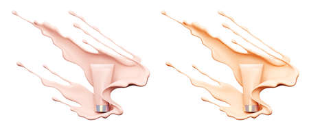 Make up liquid foundation cream cosmetics bottle on splashing cosmetic liquid, advertising. Cosmetic product template. tube for branding in splashing liquid. Moisturizing toner, cream tube,  Isolated, advertising; 3d rendering;の写真素材