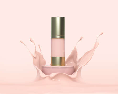 Make up liquid foundation cream cosmetics bottle or jar on podium in splashing liquid, advertising. Cosmetic product mockup. Blank label for branding. Moisturizing toner, cream, gel, body lotion liquid, 3d rendering;の写真素材