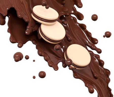 Crispy and crunchy biscuits or cookies in hot chocolate splash, sauce or syrup, cocoa drink or choco cream, melted chocolate wave, liquid background dessert, illustration food, isolated 3d renderingの写真素材