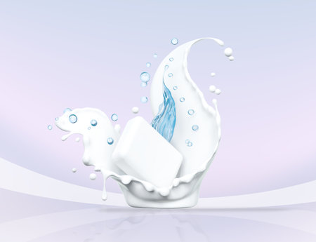 Soap splash isolated on white background. Soap advertisement design.  packaging design. 3d rendering. Mock-up promo banner, posterの写真素材