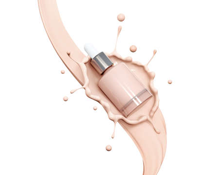 Blank cosmetics skincare product or packaging for mock up. Liquid makeup foundation bottle with cosmetic cream splash. Cosmetic product template. Dropper for branding in beige liquid splash. Blank label for branding. 3d rendering.の写真素材