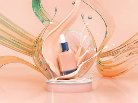 Blank cosmetics skincare product or packaging for mock up. Liquid makeup foundation bottle with cosmetic cream splash. Cosmetic product template. Dropper for branding on podium in beige liquid splash. Blank label for branding over white. 3d rendering.の写真素材