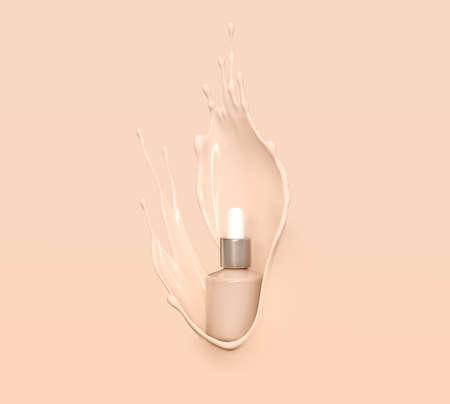 Blank cosmetics skincare product or packaging for mock up. Liquid makeup foundation bottle with cosmetic cream splash. Cosmetic product template. Dropper for branding in beige liquid splash. Blank label for branding. 3d rendering.の写真素材