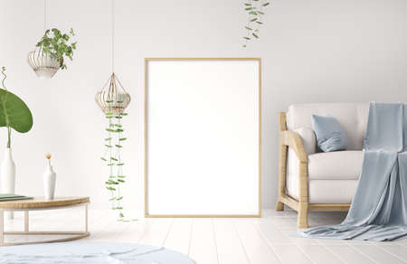 Modern living room interior design with sofa and plant, poster frame mockup on the wall, white sofa with poster, scandinavian style background, 3d renderingの写真素材