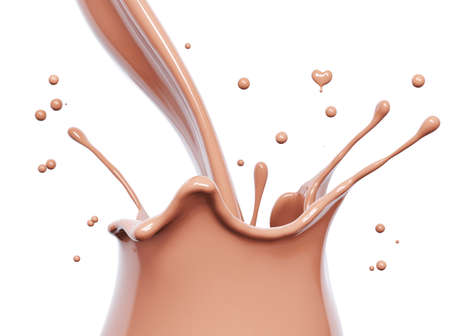 Splash of hot chocolate, pouring sauce or syrup, cocoa drink or choco cream flow, melted chocolate wave, swirl background dessert, illustration food, isolated 3d renderingの写真素材
