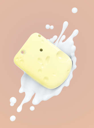 Triangles of goat milk cheese on a splash of milk  illustration 3d rendering. Promotional Productsの写真素材