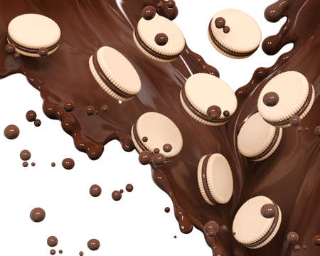 Crispy and crunchy biscuits or cookies in hot chocolate splash, sauce or syrup, cocoa drink or choco...