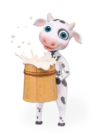 Cute cow holding a with a bucket of milk or sour cream in her hands, cartoon character cow, milk splash, illustration isolated on white background 3d renderingの写真素材