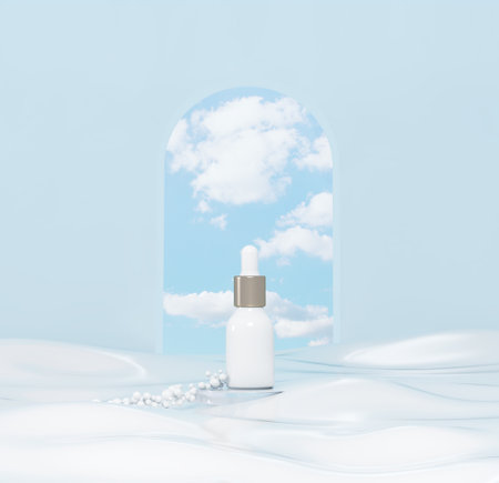 Dropper of cream. Cream wave. Liquid cosmetics, skincare beauty product, bottled body lotion, body cream. 3d rendering. Mock up promo banner, poster, backgroundの写真素材