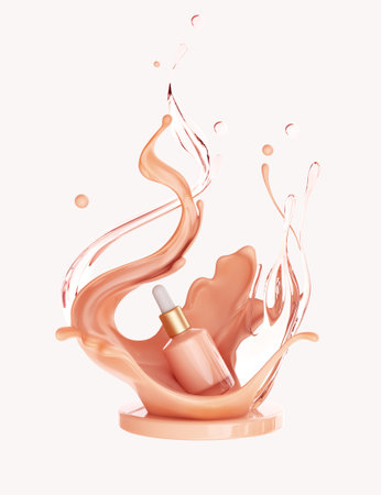 Moisturizing bottle. Liquid makeup foundation bottle with cosmetic cream splash. Cosmetic product template. Dropper for branding on podium in pink liquid splash. Blank label for branding.isolated 3d rendering.の写真素材