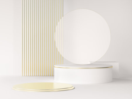 Minimalistic elegant stage for show your products. 3d cylinder with gold on a white background with light. Platform or podium with golden ring. Mock up for fashion presentation. 3d renderingの写真素材