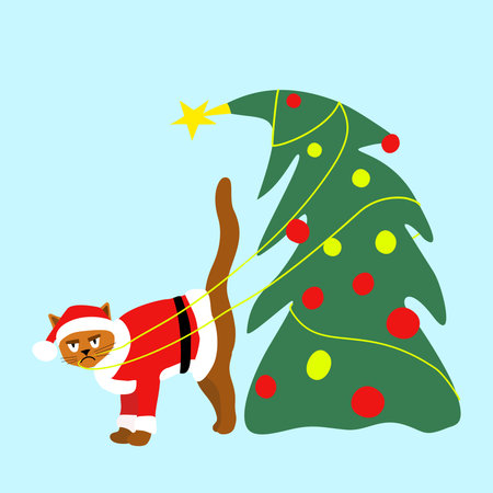 Funny Christmas Cat Tangled in Lights and Tree, Cute Holiday Illustrationのイラスト素材
