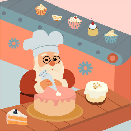 Santa Claus Baker. Cozy Sweet Factory Illustrationのイラスト素材