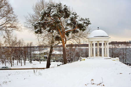 Winter Scene with Pavilion and Pine treeの写真素材