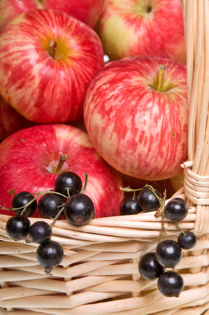 Basket with Juicy Apples and Blackcurrantsの写真素材