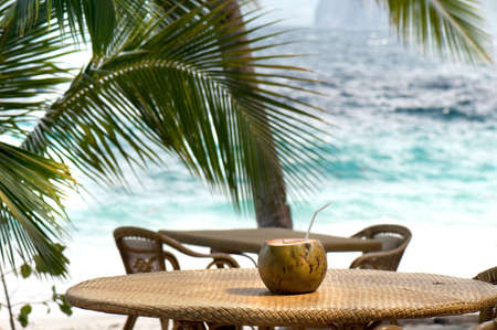 fresh coconut ready to drink on a tropical beachの写真素材