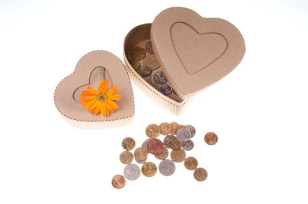 present box with a flower and coins isolated on whiteの写真素材