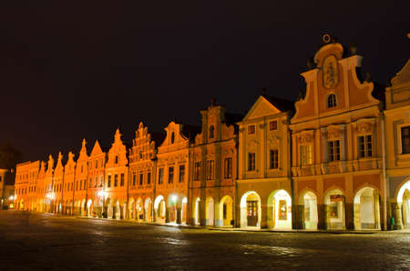 Facades of city houses with on central square, Telc, Bohemia, Czech Republic.のeditorial素材