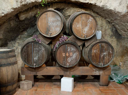 Wine barrels stacked in an old cellar, Canary island, Spain.