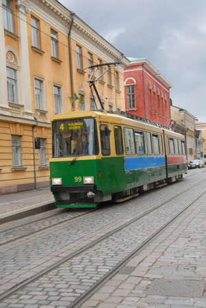 A typical tram in Helsinki city center, Finland.のeditorial素材