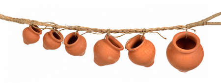 Rope with clay pots, isolated on white background