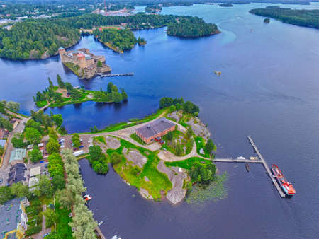 Aerial view of Olavinlinna Olofsborg Medieval 15th century northernmost Stone Castle in Savonlinna, Finland.のeditorial素材