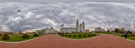 MINSK, BELARUS - 8 APRIL 2016: 360 degree panorama with Doves flying over Svyato-Duhov (Saint Spirit) Cathedral in Minsk, Capital of Belarusのeditorial素材