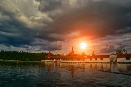 Heviz Thermal Lake of Hungary at Sunsetのeditorial素材