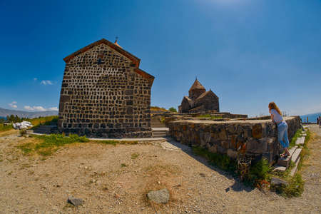 SEVANAVANK MONASTERY, ARMENIA - 02 AUGUST 2017: Famous Sevanavank Monastery Landmark on Scenic Lake Sevan in Armeniaのeditorial素材