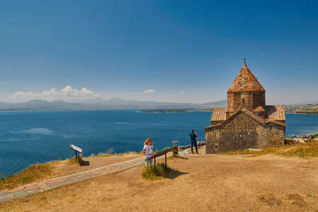 SEVANAVANK MONASTERY, ARMENIA - 02 AUGUST 2017: Famous Sevanavank Monastery Landmark on Scenic Lake Sevan in Armeniaのeditorial素材