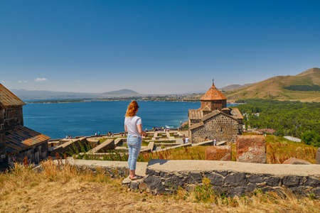 SEVANAVANK MONASTERY, ARMENIA - 02 AUGUST 2017: Famous Sevanavank Monastery Landmark on Scenic Lake Sevan in Armeniaのeditorial素材