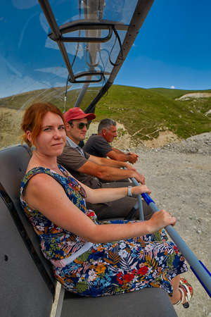 GODERDZI, GEORGIA - 08 AUGUST 2017: Newly-built modern Cable Car and Rural mountain landscapes of Georgian Adjara region near Goderdzi ski resort and village of Khuloのeditorial素材