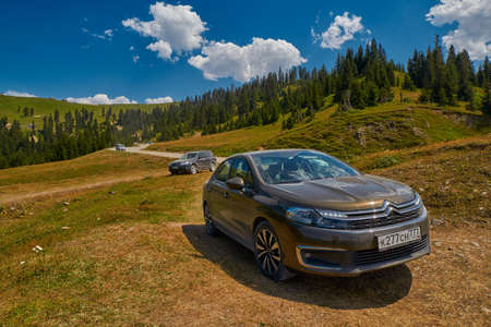 KHULO, GEORGIA - 08 August 2017: Challenging mountain unpaved road between Akhaltsikhe-Batumi near Khulo village of Georgian Adjara regionのeditorial素材