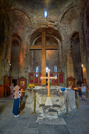 MTSKHETA, GEORGIA - 31 JULY 2017: People at Service Inside Jvari Monastery near Tbilisi
