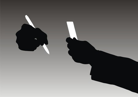 Silhouettes of hands holding pen and card. Both in JPG & EPS formats.のイラスト素材