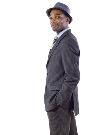 young black businessman side view on white backgroundの写真素材