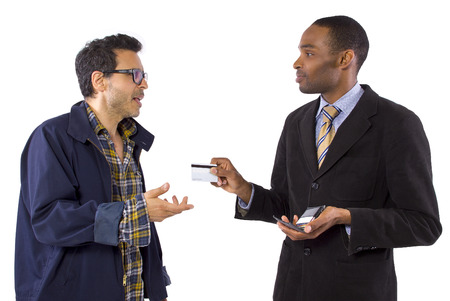 Con-artist stealing a customers credit card information