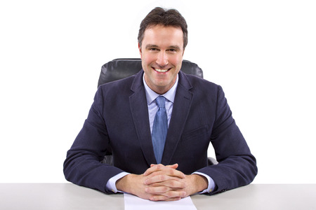 male news anchor or reporter on a white backgroundの写真素材