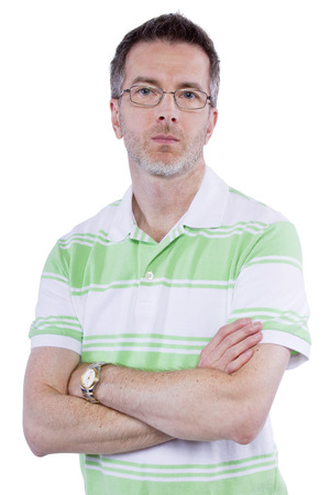 middle aged man with displeased expression on white backgroundの写真素材