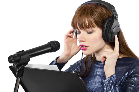 woman singing or reading a script for voice overの写真素材