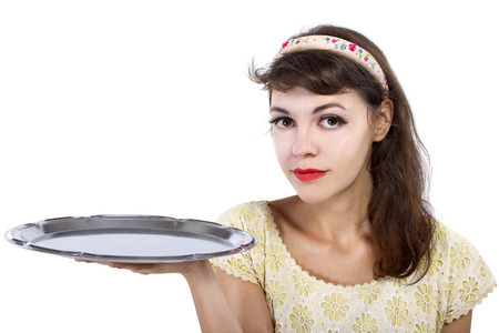 close up of a woman holding a blank tray for compositesの写真素材