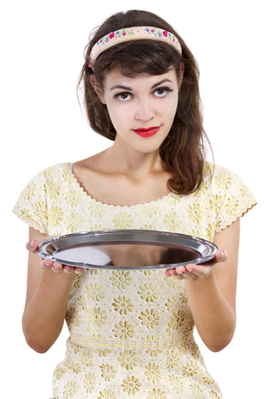 close up of a woman holding a blank tray for compositesの写真素材