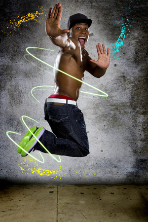 Jumping muscle man stylized with lights and graphics to show energy