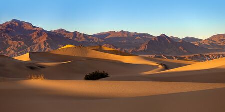 Sand dunes in a desert landscape in Death Valley California.  The vast barren land is dry and arid due to droughts result of global warming and climate change.の写真素材