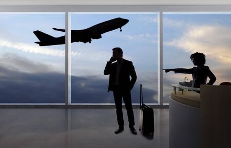 Stressed out businessman passenger arguing with a flight attendant or receptionist at an airport check in counter.  He is angry because of a delayed or cancelled flight.の写真素材