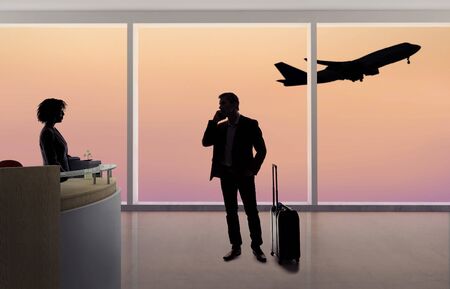 Stressed out businessman passenger arguing with a flight attendant or receptionist at an airport check in counter.  He is angry because of a delayed or cancelled flight.の写真素材