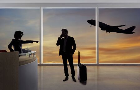 Stressed out businessman passenger arguing with a flight attendant or receptionist at an airport check in counter.  He is angry because of a delayed or cancelled flight.の写真素材