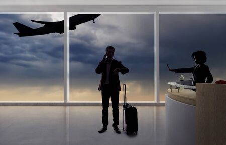 Stressed out businessman passenger arguing with a flight attendant or receptionist at an airport check in counter.  He is angry because of a delayed or cancelled flight.の写真素材