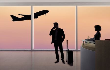 Stressed out businessman passenger arguing with a flight attendant or receptionist at an airport check in counter.  He is angry because of a delayed or cancelled flight.の写真素材